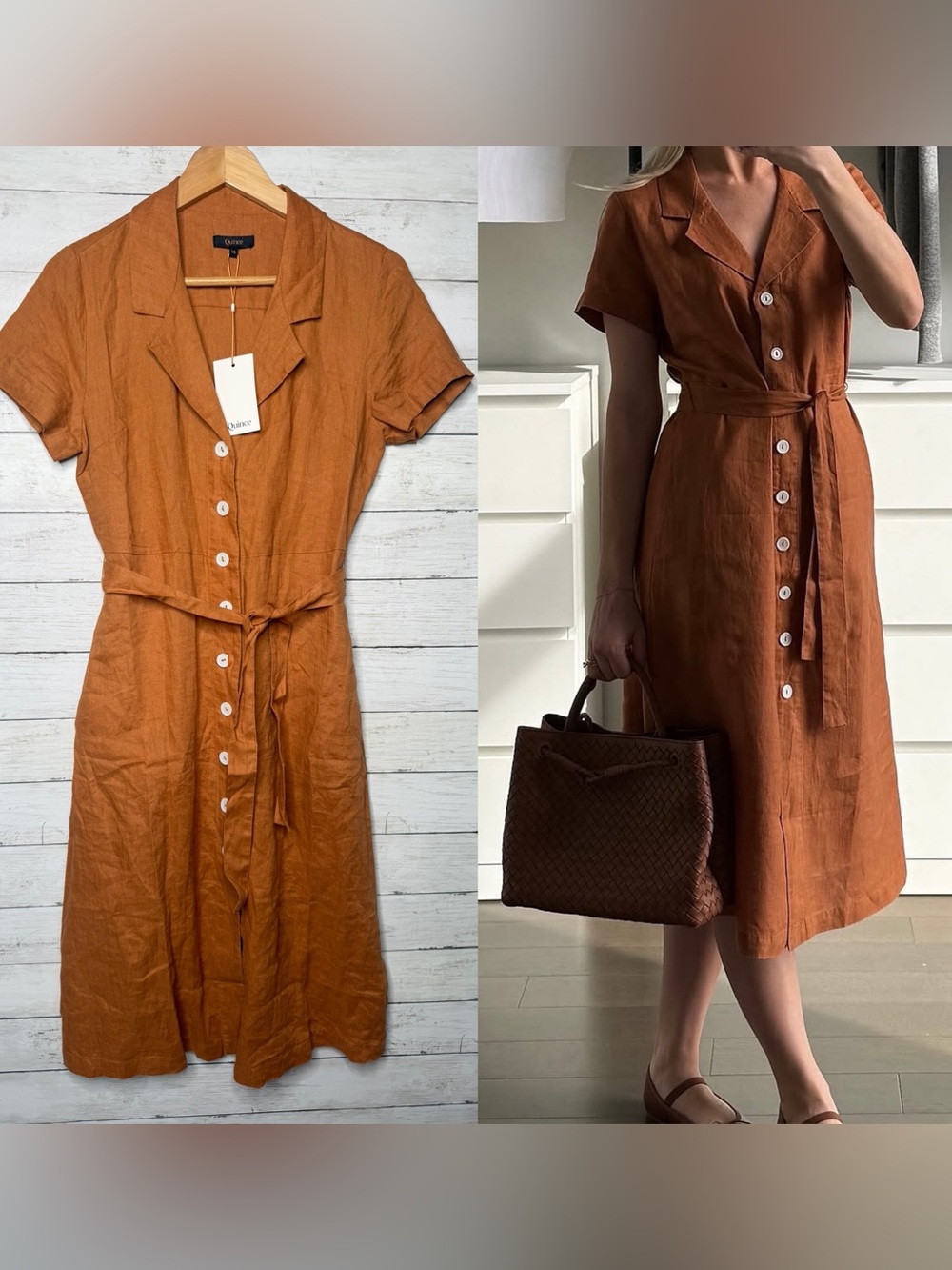 Quince 100% European Linen Button Front Dress Terracotta Rust Orange XS NWT